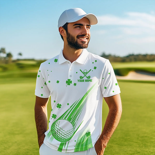 Green and White shamrock Lucky Mens golf polo shirts Custom St Patrick Day golf attire for men NQS9500