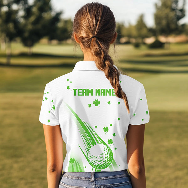 Green and White shamrock Lucky Womens golf polo shirts Custom St Patrick Day golf attire for ladies NQS9500