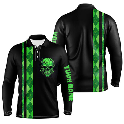 Personalized green argyle plaid skull Mens golf polo shirts, custom black golf apparel for mens NQS7269