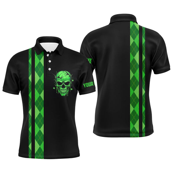 Personalized green argyle plaid skull Mens golf polo shirts, custom black golf apparel for mens NQS7269