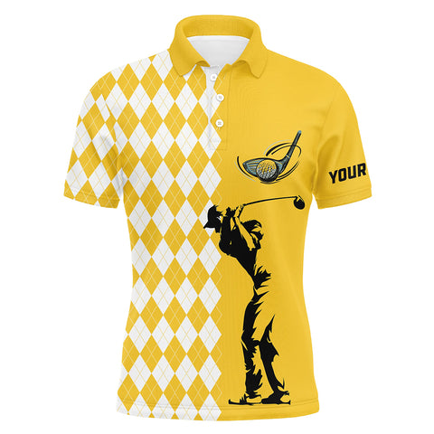 Personalized white argyle plaid pattern Mens golf polo shirts, custom Yellow golf tops for mens NQS7271