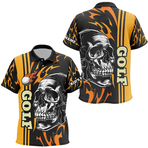 Personalized Kid golf polo shirts custom black and yellow skull golf top for Kid, golfing gifts NQS7274