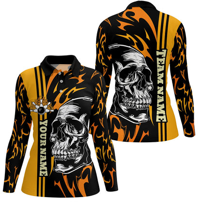 Women bowling polo shirt Custom black and yellow flame skull Bowling ball and pins Team league Jerseys NQS7275
