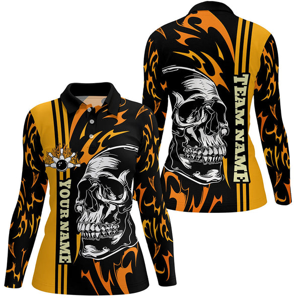 Women bowling polo shirt Custom black and yellow flame skull Bowling ball and pins Team league Jerseys NQS7275