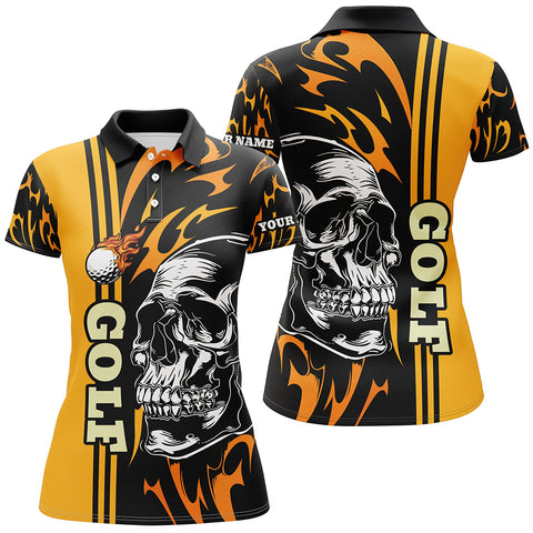 Personalized Womens golf polo shirts custom black and yellow skull golf top for ladies, golfing gifts NQS7274