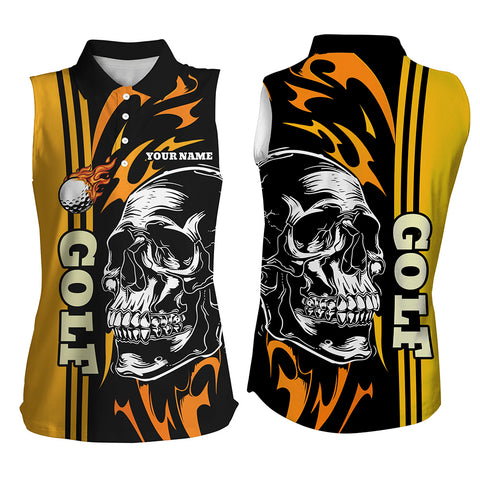 Personalized Womens sleeveless polo shirts custom black and yellow skull golf top for ladies NQS7274