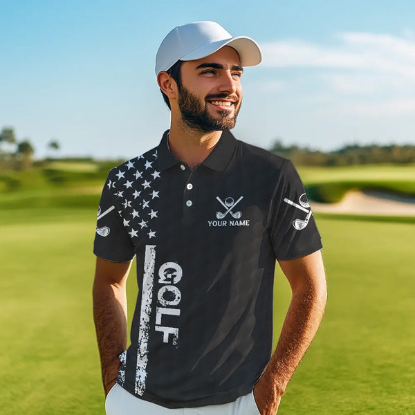 Black and White Retro American Flag Mens golf polo shirts custom team patriotic golf gifts golfer NQS9663