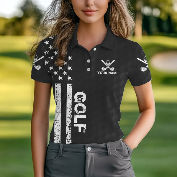 Black and White Retro American Flag Women golf polo shirts custom team patriotic golf gifts golfer NQS9663