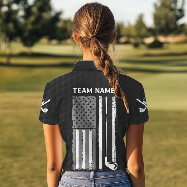 Black and White Retro American Flag Women golf polo shirts custom team patriotic golf gifts golfer NQS9663