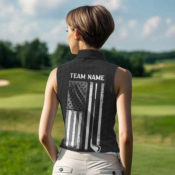 Black and White Retro American Flag Women Sleeveless golf polo shirts custom patriotic golf gifts NQS9663