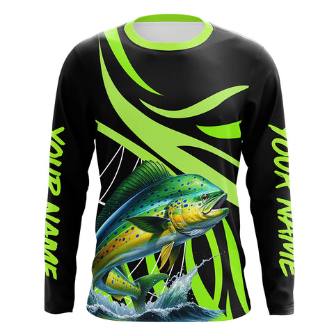 Personalized Mahi mahi ( Dorado) Long Sleeve Fishing Shirts, Tournament Fishing Jerseys | Green NQS7448