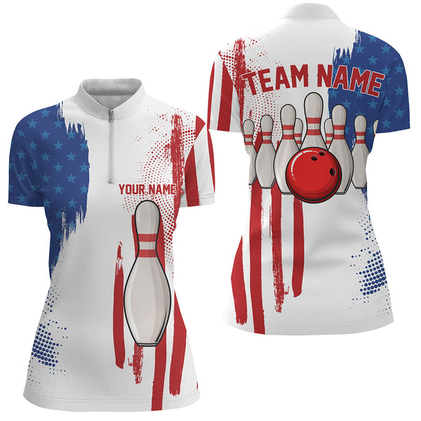 Red white & blue American flag Women bowling Polo, Quarter Zip shirt Custom Bowling Team League Jersey NQS7624