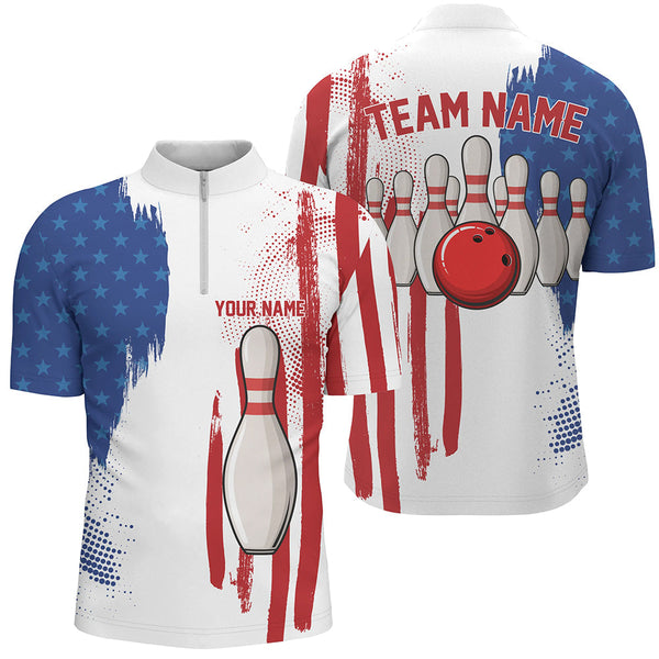 Red white and blue American flag Men bowling Polo, Quarter Zip shirt Custom Bowling Team League Jersey NQS7624