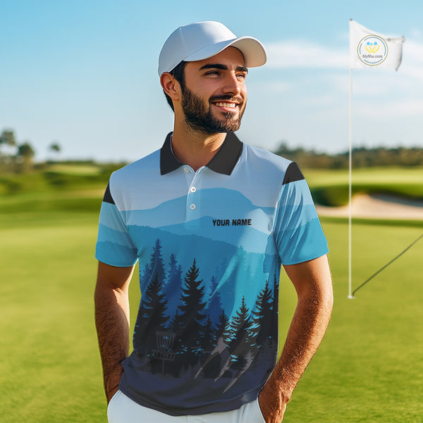 Blue pattern forest Mens Disc golf polo shirts Custom team disc golf jerseys for men NQS9943