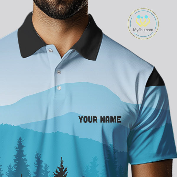 Blue pattern forest Mens Disc golf polo shirts Custom team disc golf jerseys for men NQS9943