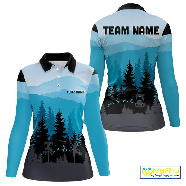 Blue pattern forest Women Disc golf polo shirts Custom team disc golf jerseys for ladies NQS9943