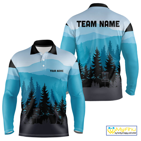 Blue pattern forest Mens Disc golf polo shirts Custom team disc golf jerseys for men NQS9943