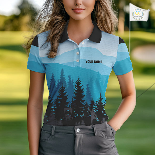 Blue pattern forest Women Disc golf polo shirts Custom team disc golf jerseys for ladies NQS9943