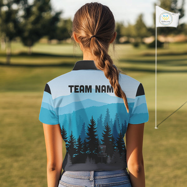 Blue pattern forest Women Disc golf polo shirts Custom team disc golf jerseys for ladies NQS9943