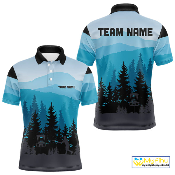 Blue pattern forest Mens Disc golf polo shirts Custom team disc golf jerseys for men NQS9943