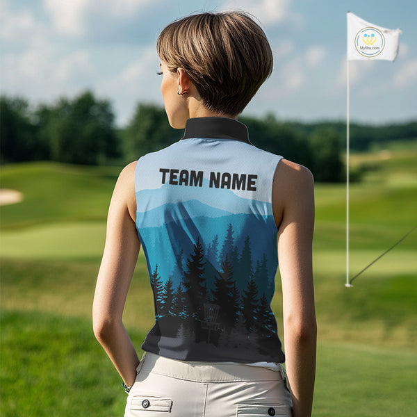 Blue pattern forest Womens sleeveless polo shirt Custom team disc golf jerseys for ladies NQS9943