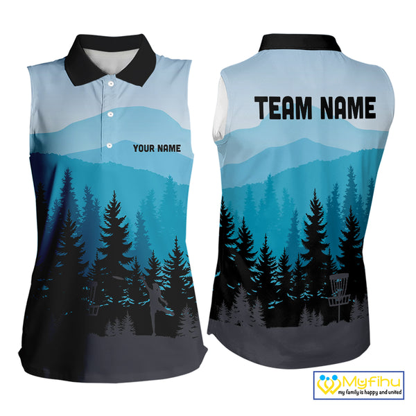 Blue pattern forest Womens sleeveless polo shirt Custom team disc golf jerseys for ladies NQS9943