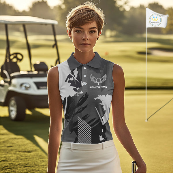 Personalized Gray camo Golf sleeveless polo shirts for women custom camo golf shirt, unique golf gifts NQS9944