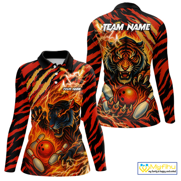 Personalized Tiger Bowling Shirts For Women, Orange Flame Lightning Thunder Tiger Team Bowling Jerseys NQS9947
