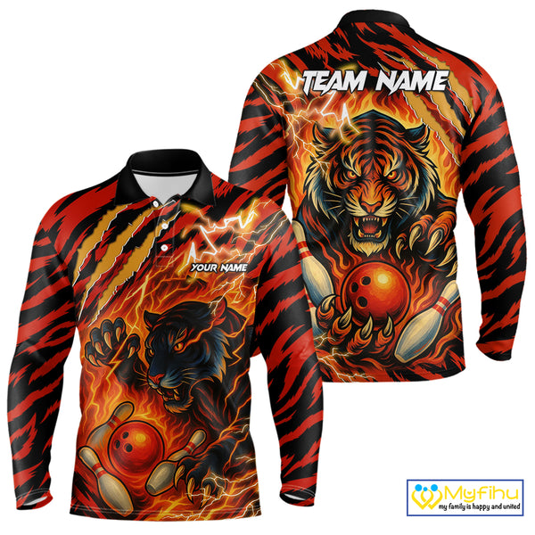 Personalized Tiger Bowling Shirts For Men, Orange Flame Lightning Thunder Tiger Team Bowling Jerseys NQS9947