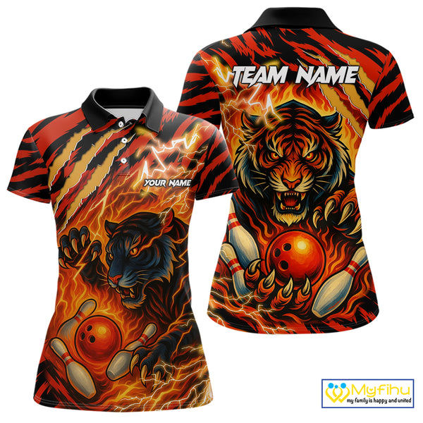 Personalized Tiger Bowling Shirts For Women, Orange Flame Lightning Thunder Tiger Team Bowling Jerseys NQS9947