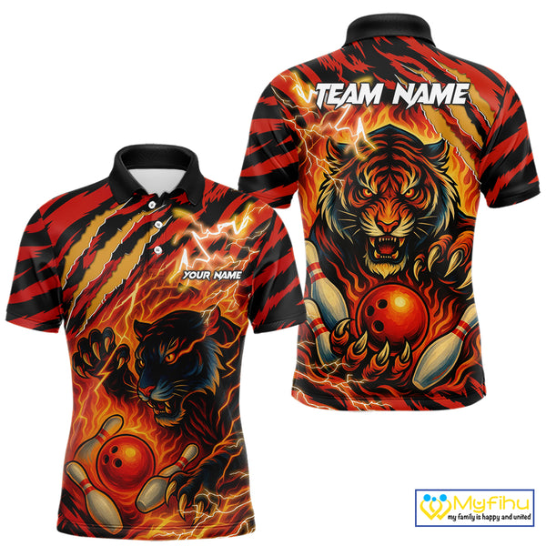 Personalized Tiger Bowling Shirts For Men, Orange Flame Lightning Thunder Tiger Team Bowling Jerseys NQS9947