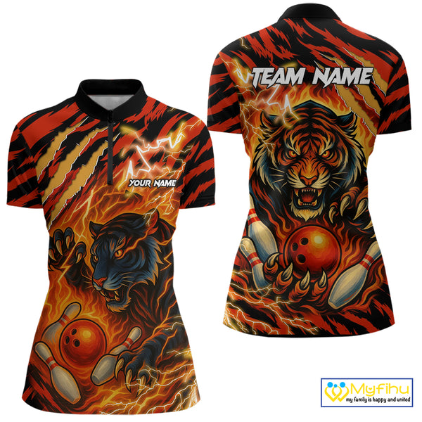 Personalized Tiger Bowling Shirts For Women, Orange Flame Lightning Thunder Tiger Team Bowling Jerseys NQS9947
