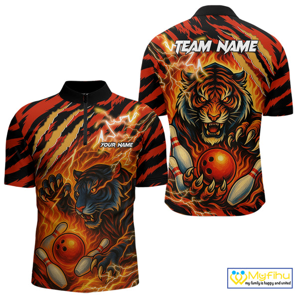 Personalized Tiger Bowling Shirts For Men, Orange Flame Lightning Thunder Tiger Team Bowling Jerseys NQS9947