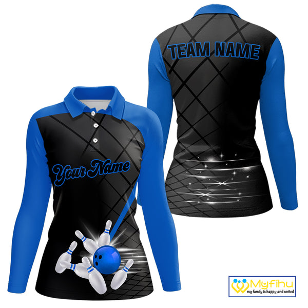 Black & blue bowling league jersey custom Women Bowling Polo, 1/4 zip Shirt, gifts for ladies bowler NQS10095