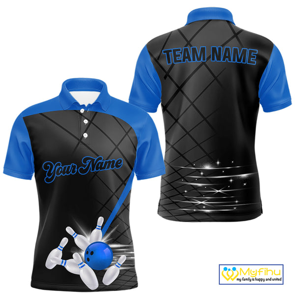 Black and blue bowling league jersey custom Mens Bowling Polo, 1/4 zip Shirt, gifts for men bowler NQS10095