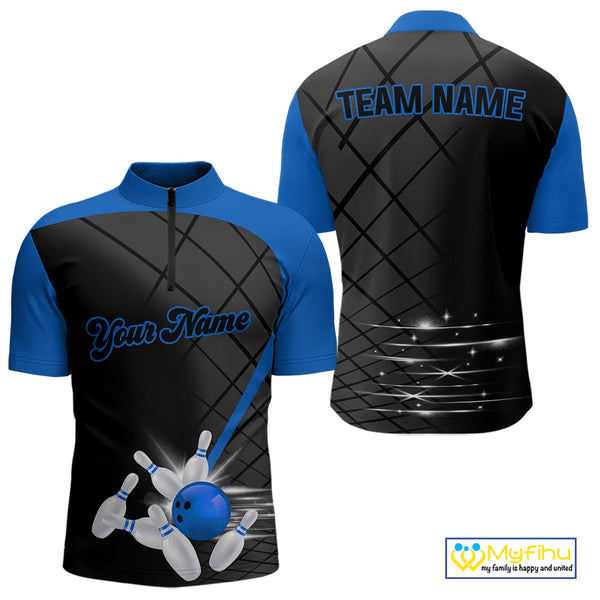 Black and blue bowling league jersey custom Mens Bowling Polo, 1/4 zip Shirt, gifts for men bowler NQS10095