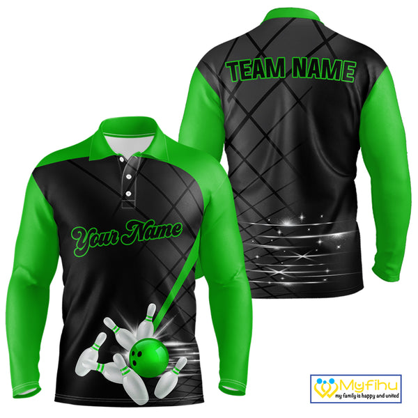 Black and Green bowling league jersey custom Mens Bowling Polo, 1/4 zip Shirt, gifts for men bowler NQS10096