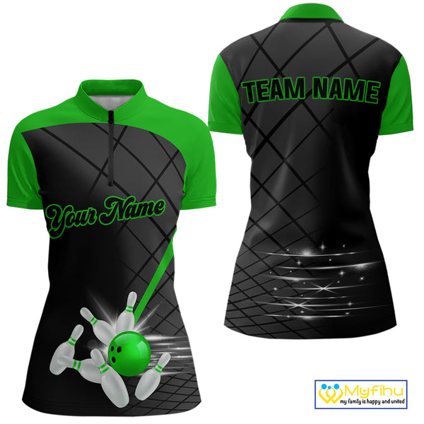Black & Green bowling league jersey custom Women Bowling Polo, 1/4 zip Shirt, gifts for ladies bowler NQS10096