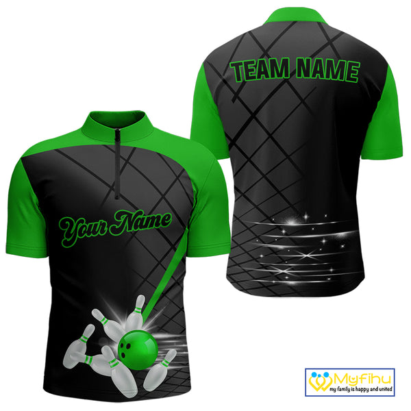 Black and Green bowling league jersey custom Mens Bowling Polo, 1/4 zip Shirt, gifts for men bowler NQS10096