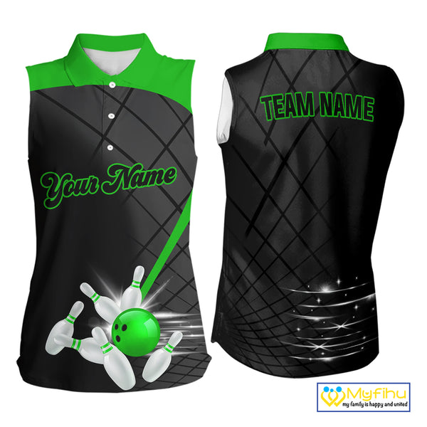 Black & Green bowling league jersey custom Bowling sleeveless polo Shirt, gifts for ladies bowler NQS10096