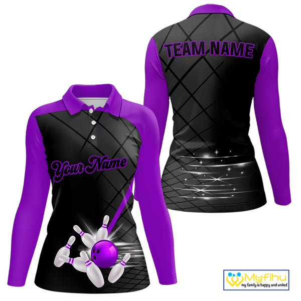 Black & Purple bowling league jersey custom Women Bowling Polo, 1/4 zip Shirt, gift for ladies bowler NQS10097