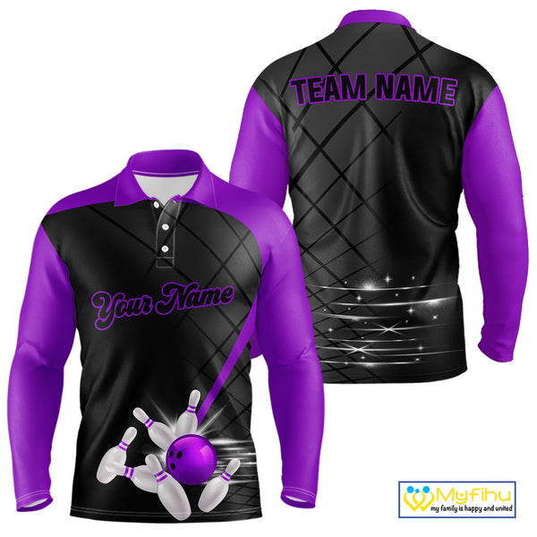 Black and Purple bowling league jersey custom Mens Bowling Polo, 1/4 zip Shirt, gifts for men bowler NQS10097