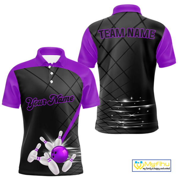 Black and Purple bowling league jersey custom Mens Bowling Polo, 1/4 zip Shirt, gifts for men bowler NQS10097