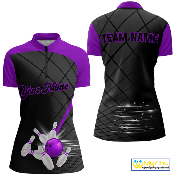 Black & Purple bowling league jersey custom Women Bowling Polo, 1/4 zip Shirt, gift for ladies bowler NQS10097