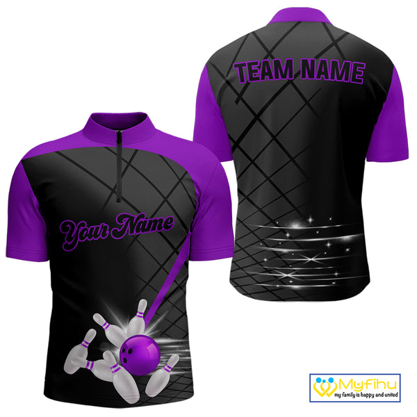 Black and Purple bowling league jersey custom Mens Bowling Polo, 1/4 zip Shirt, gifts for men bowler NQS10097