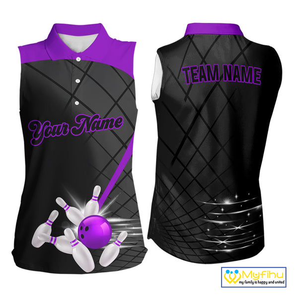 Black & Purple bowling league jersey custom Bowling sleeveless polo Shirt, gifts for ladies bowler NQS10097