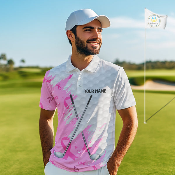 Pink ribbon breast cancer pattern custom name white Mens golf polo shirts, team golf tops for men NQS10421