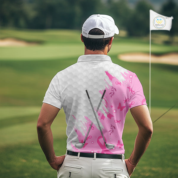 Pink ribbon breast cancer pattern custom name white Mens golf polo shirts, team golf tops for men NQS10421