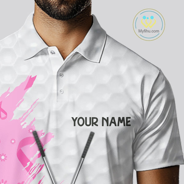 Pink ribbon breast cancer pattern custom name white Mens golf polo shirts, team golf tops for men NQS10421