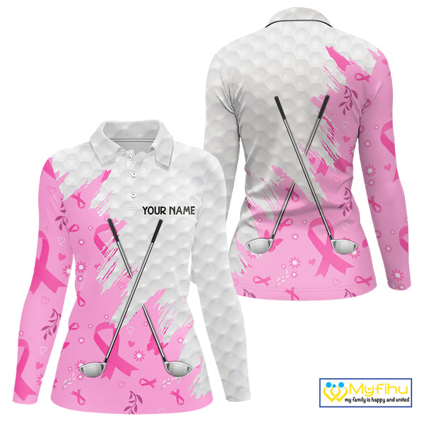 Pink ribbon breast cancer pattern custom name white Women golf polo shirts, team golf tops for ladies NQS10421